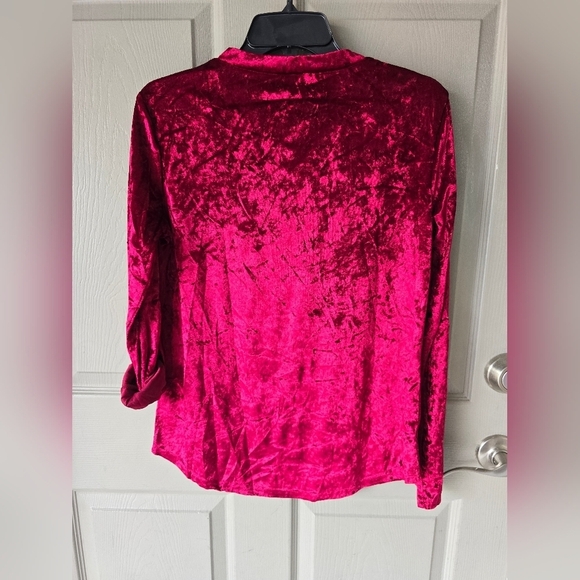 Crystal Boutique Crushed Velvety Blouse Sz M Red Roll Tab Sleeve V Neck New - Picture 10 of 11